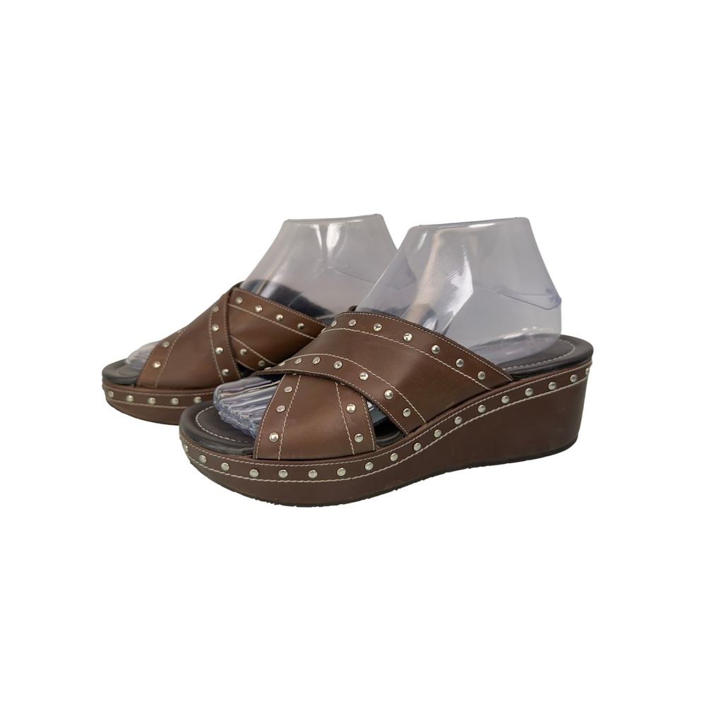 Donald J Pliner Syra Dark Brown Leather Platform Studded Wedge Sandal Sz 8.5